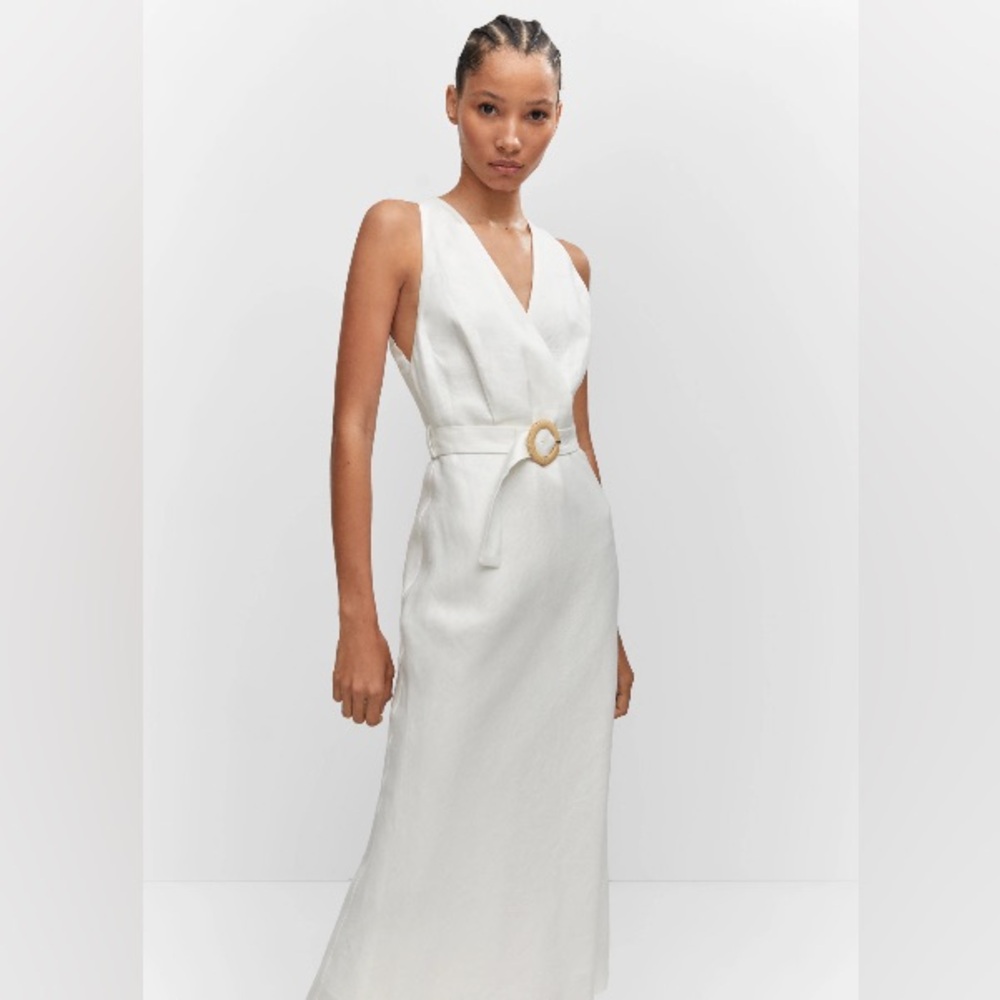 Mango White Linen Midi Dress